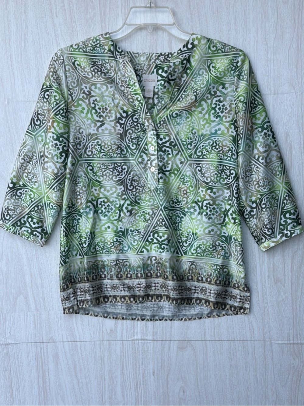 Chico's Green and White Geometric Print Tunic